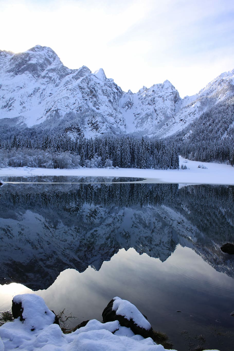 body of water surround by trees with snow during daytime, photo of glacier mountains reflecting on body of water under cloudy sky HD wallpaper