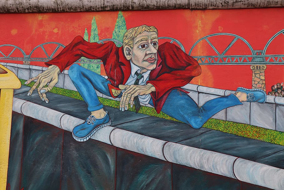 man walks on the street painting, east, side, gallery, berlin wall, HD wallpaper