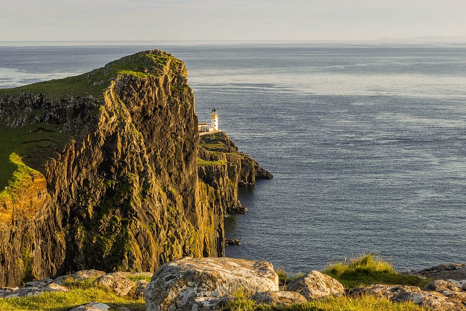 lighthouse near cliff, neist point, highlands and islands, europe