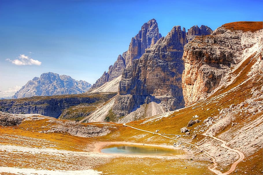 landscape photo of rocky mountain, dolomites, mountains, italy