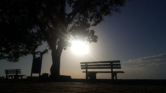 two empty benches, sunset, tree, solar, landscape, clouds, turkey HD wallpaper