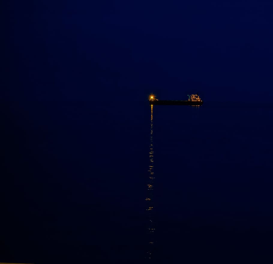 night, sea, ship, lights, horizon, reflection, sky, no people HD wallpaper