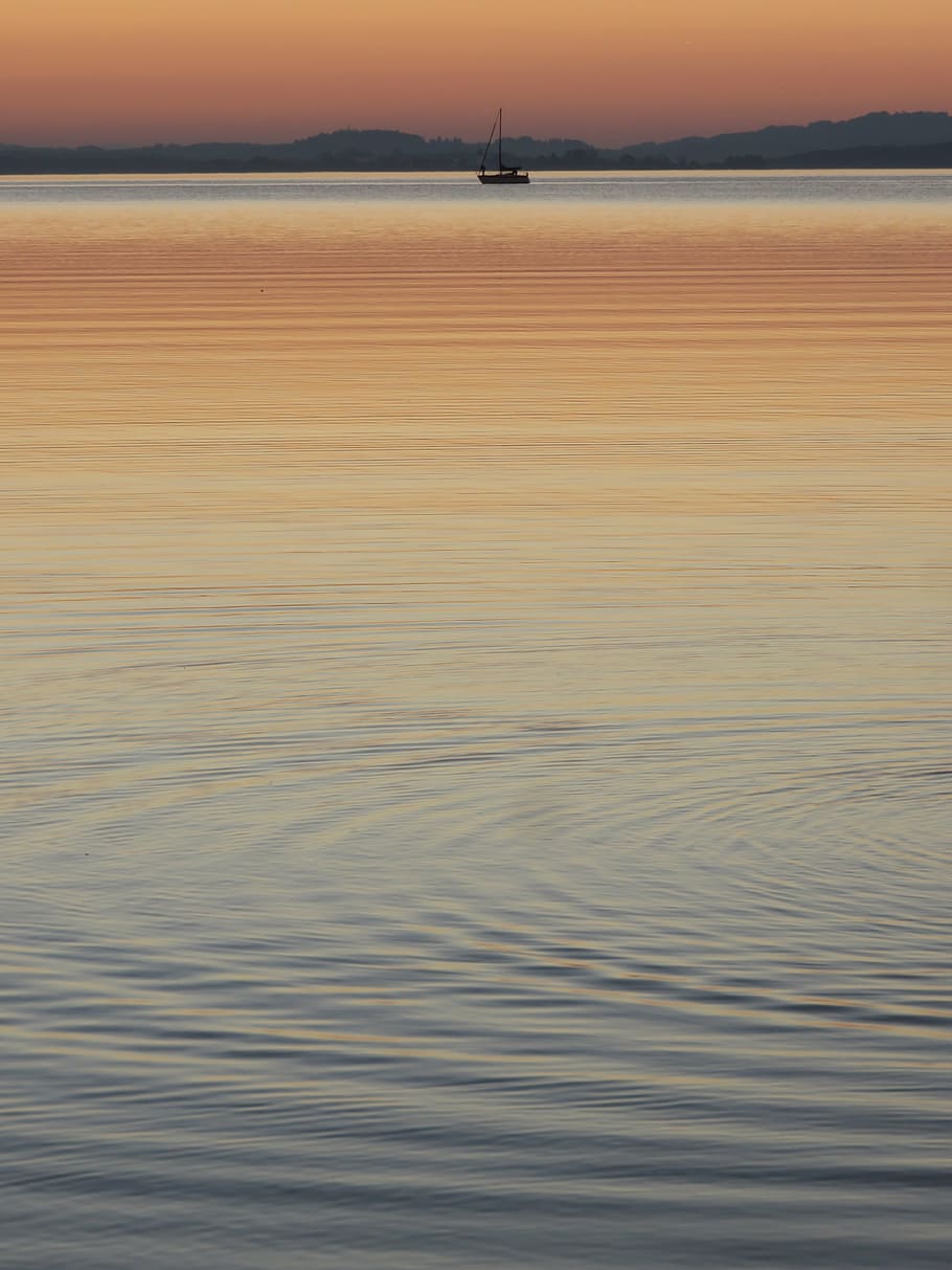 chiemsee, lake, boot, sunset, wave, nature, sea, water, dusk HD wallpaper