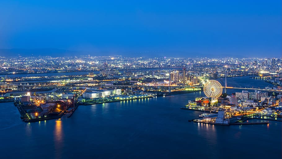 aerial photo of London Eye during night time, osaka port, port of osaka