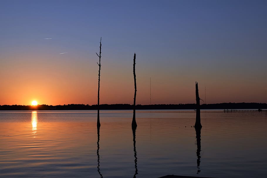 Sundown, River, Trees, Sunset, Landscape, nature, water, sky HD wallpaper