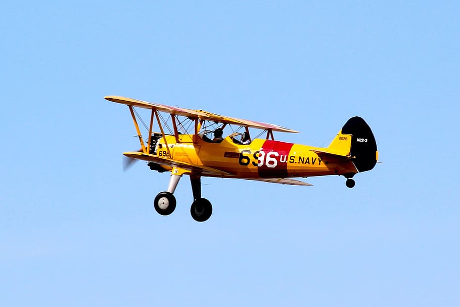 biplane, airplane, oldtimer, yellow, fly, pilot, sky, propeller HD wallpaper