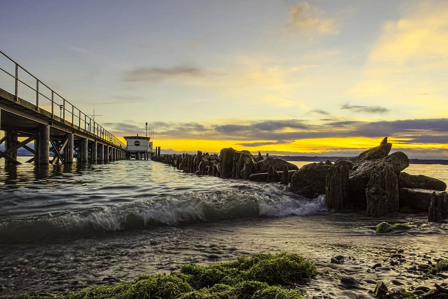 web, sea, lake, surf, sunset, blue, hour, water, pier, beach HD wallpaper