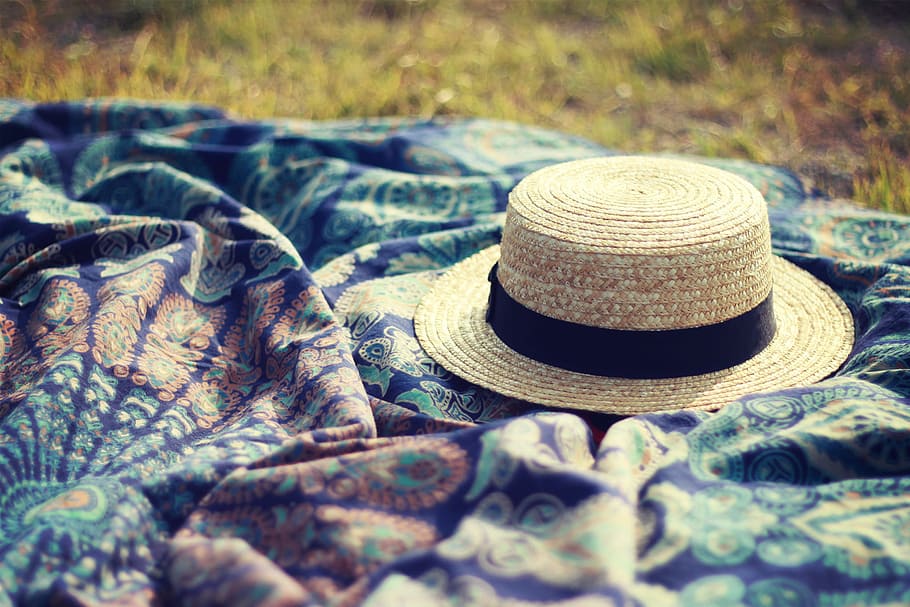 brown and black straw hat on blue floral textile, fashion, clothing HD wallpaper