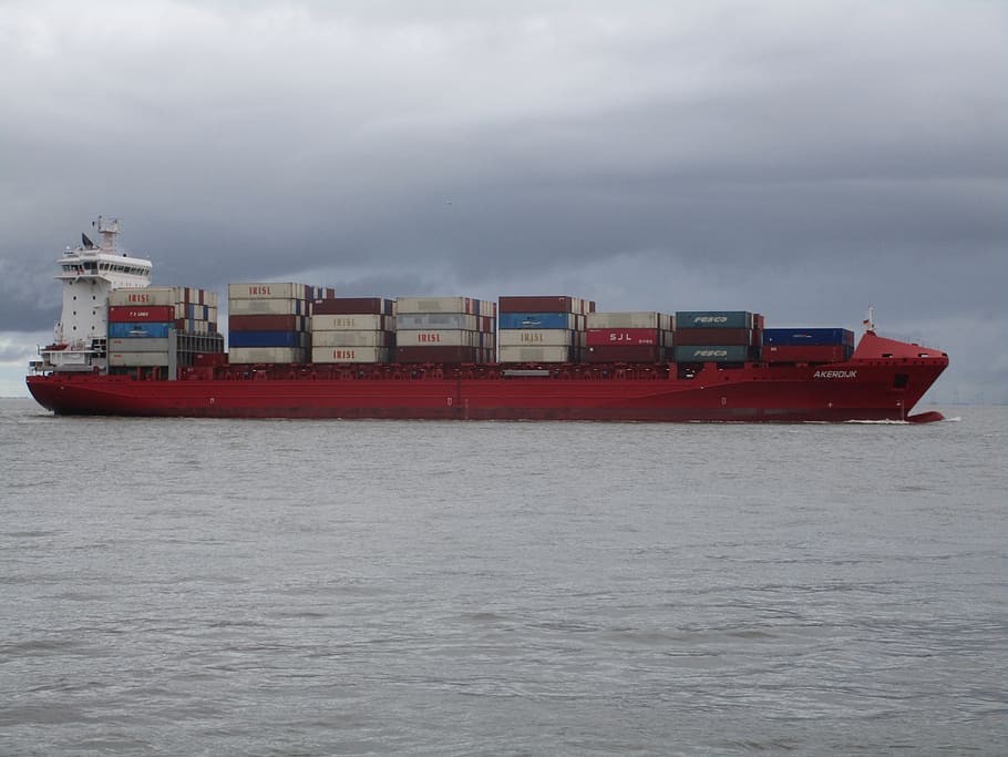 container, container ship, freighter, ship red, elbe, shipping HD wallpaper