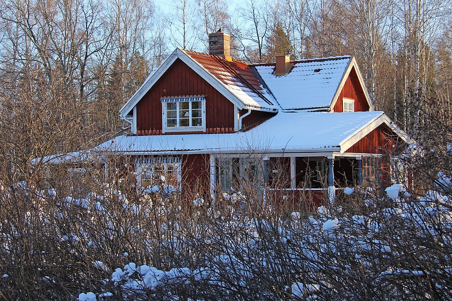 snow, winter, cold, beautiful, red, traditional, wood, cottage HD wallpaper