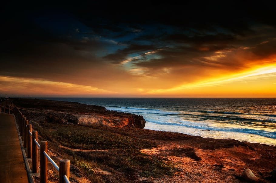 sunset, clouds, sky, orange, dusk, travel, water, horizon, landscape HD wallpaper