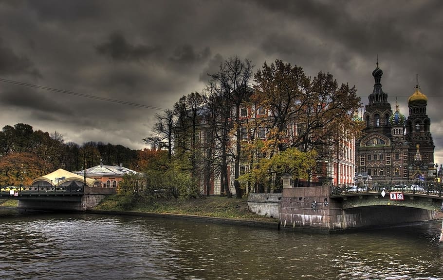 russia, sky, clouds, river, water, church, buildings, hdr, dusk HD wallpaper