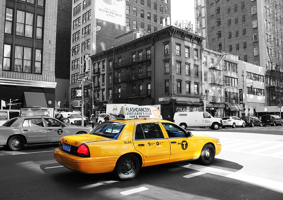 yellow taxi on road, new york, united states, buildings, downtown, HD wallpaper