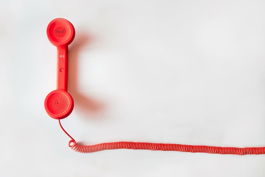 red telephone on white surface, photo, painted, table, cord, business, HD wallpaper