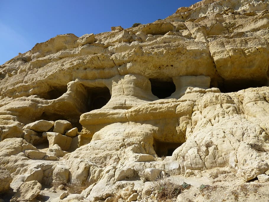 Caves, Matala, Crete, rock - object, no people, nature, day, HD wallpaper. 