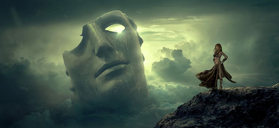 woman standing on a brown cliff wallpaper, fantasy, mask, clouds