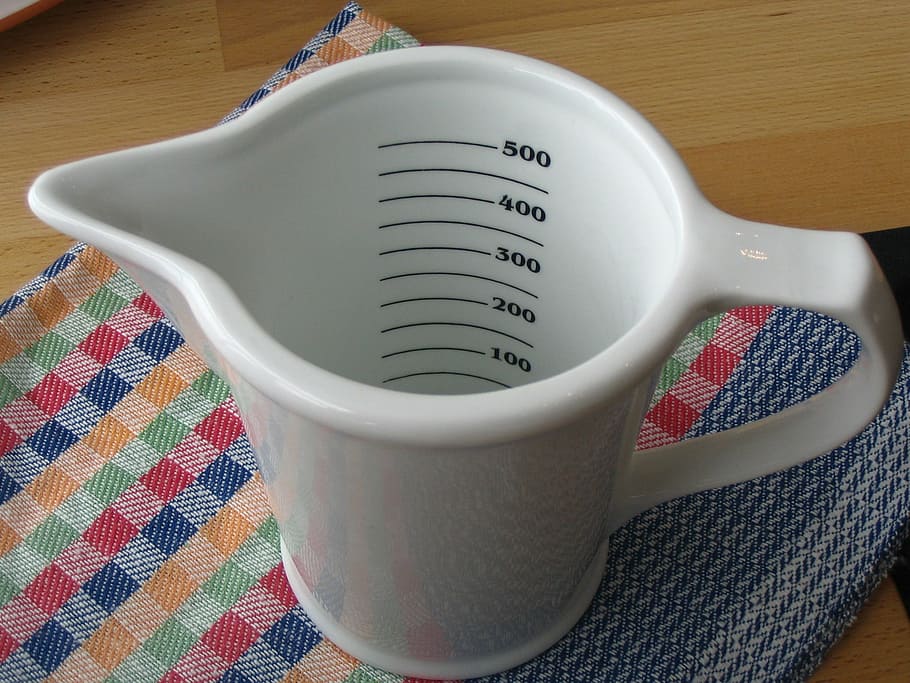 white ceramic measuring pitcher, budget, krug, measuring cup, HD wallpaper