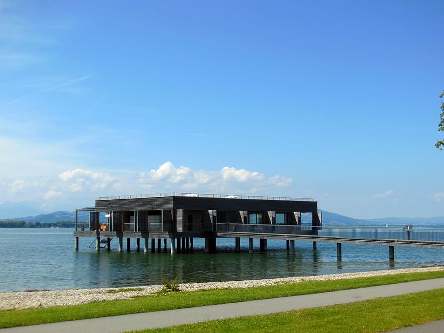 lake constance, sun, clouds, blue sky, stilt houses, leaf shape HD wallpaper