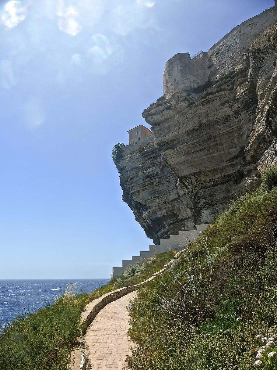 bonifacio, cliffs, overhang, high, landscape, corsica, seaside HD wallpaper