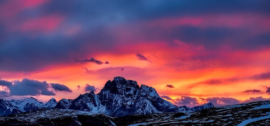 snow, dawn, landscape, mountains, clouds, dusk, idyllic, nature HD wallpaper