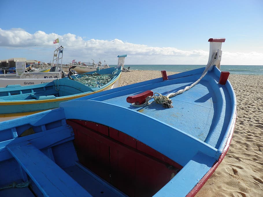 fishing boat, blue, algarve, summer, coast, beach, vessel, portugal, HD wallpaper
