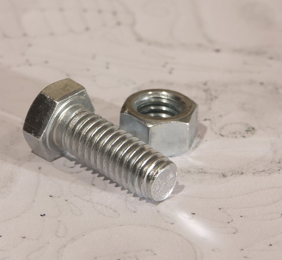 Nut, Bolt, Steel, Hardware, Metallic, threaded, silver colored HD wallpaper