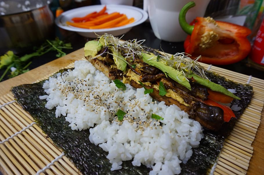 tofu, sushi, eggplant, vegan, japanese, food, asian, cuisine, HD wallpaper