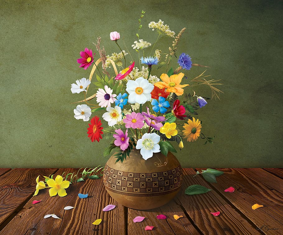 assorted-color flowers on plant pot, ornament, nature, vase, still life
