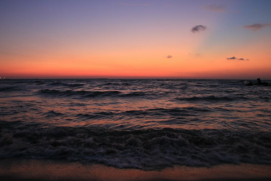 beach, before, blue, morning, reflection, sea, sunrise, water, HD wallpaper
