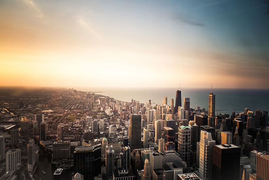 top view of city at sunrise, sunset, buildings, cityscape, urban Skyline HD wallpaper