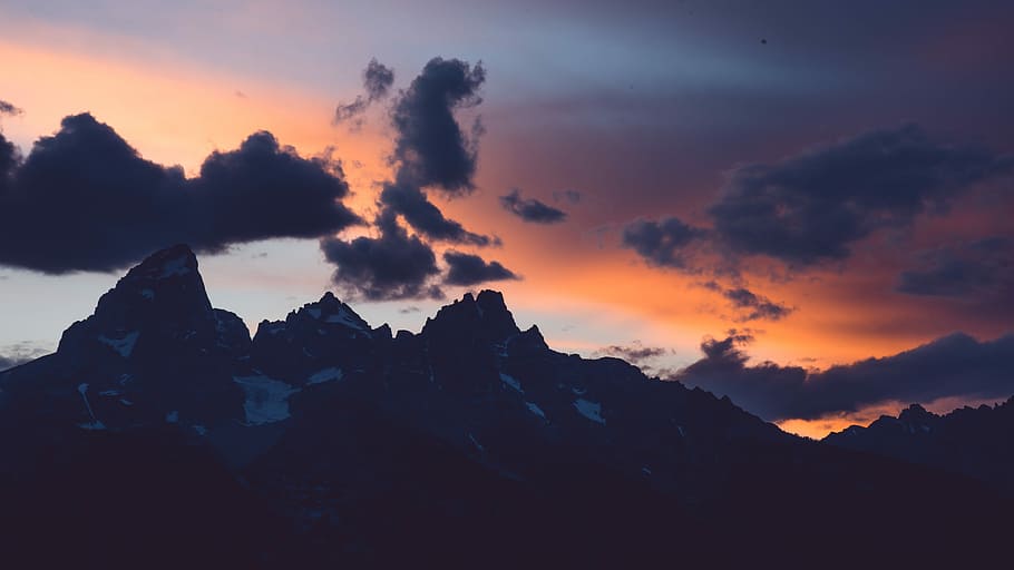 Sunset in the Tetons, silhouette of mountains during twilight HD wallpaper