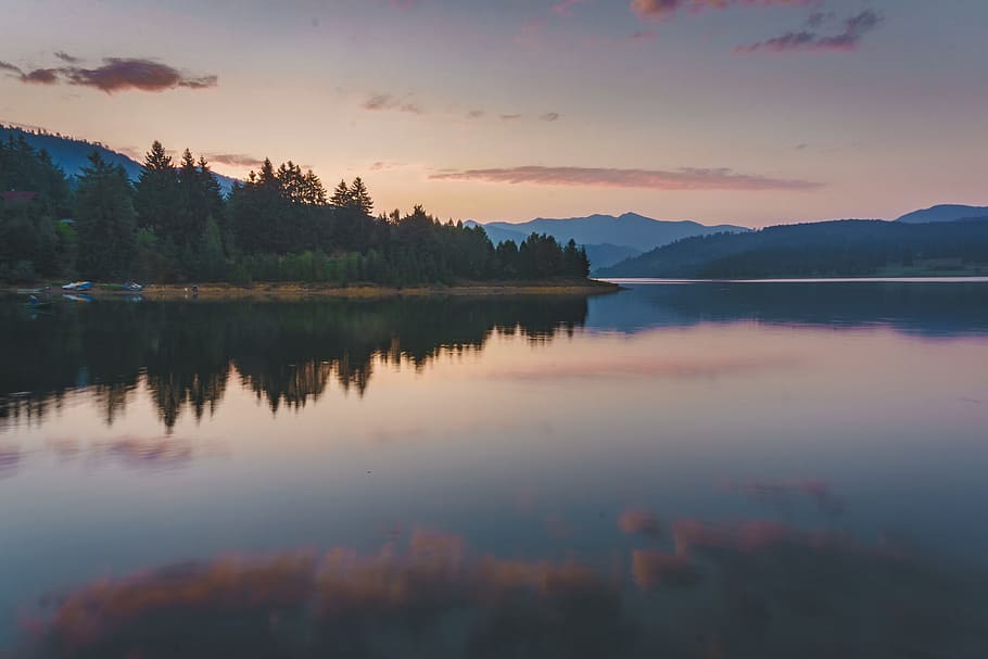 lake, water, reflection, tree, plant, mountain, sky, cloud HD wallpaper
