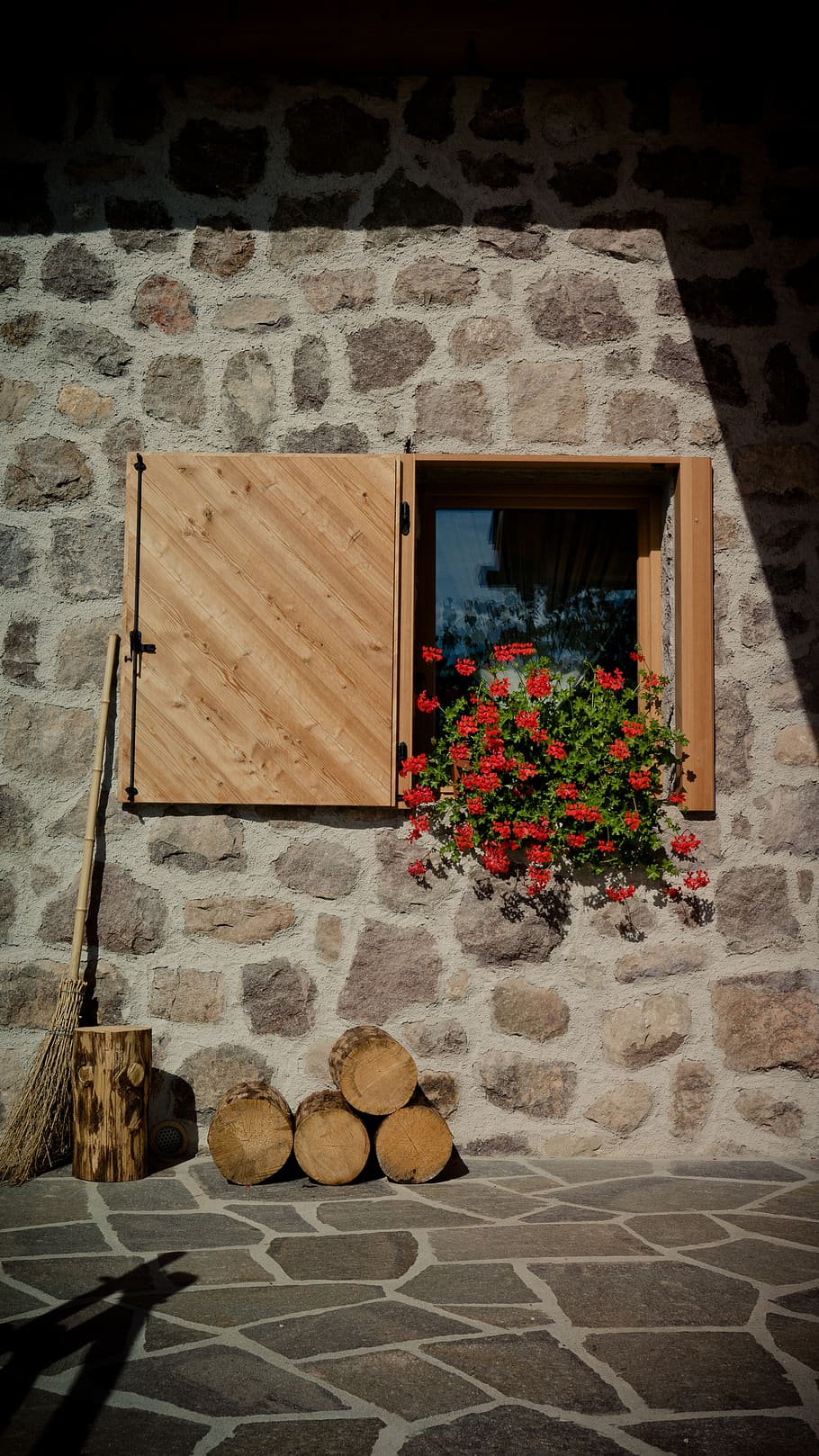 window, flower box, wall, shutter, stone wall, house, facade HD wallpaper