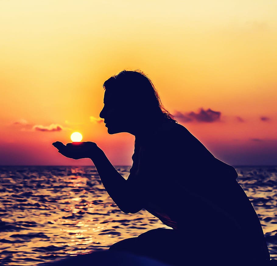 backlit, beach, clouds, dawn, dusk, girl, nature, ocean, outdoors HD wallpaper