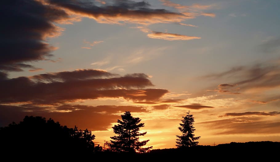 sunset, dusk, sky, abendstimmung, clouds, trees, beauty in nature HD wallpaper