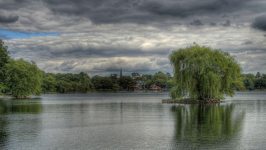 sky, clouds, landscape, tree, nature, river, lake, water, cloud - sky HD wallpaper