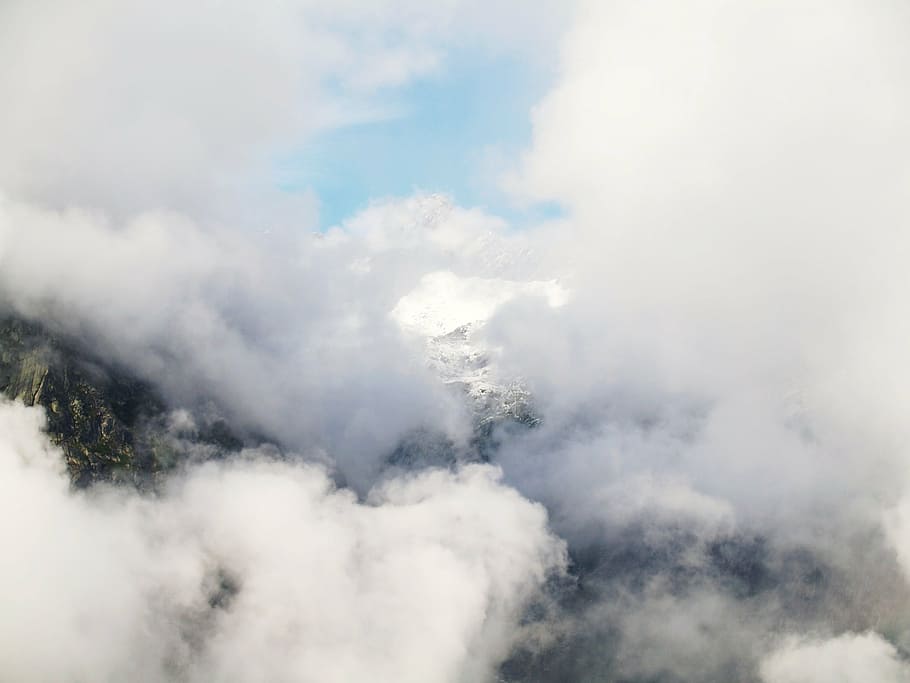 clouds, sky, mountain, peak, summit, air, environment, altitude HD wallpaper