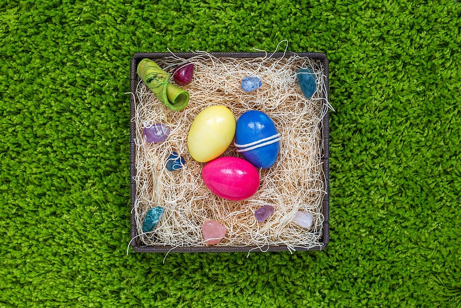 three colored eggs in box, easter, easter eggs, holiday, spring HD wallpaper