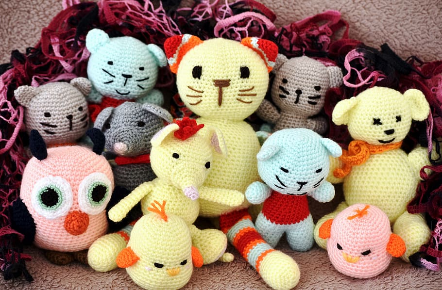 toys, soft, knitted, wool, animals, cuddly, happy, art and craft, HD wallpaper