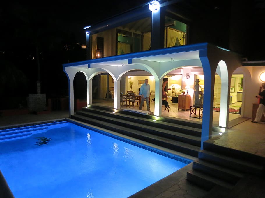 pool, night, house, villa, caribbean, illuminated, architecture, HD wallpaper