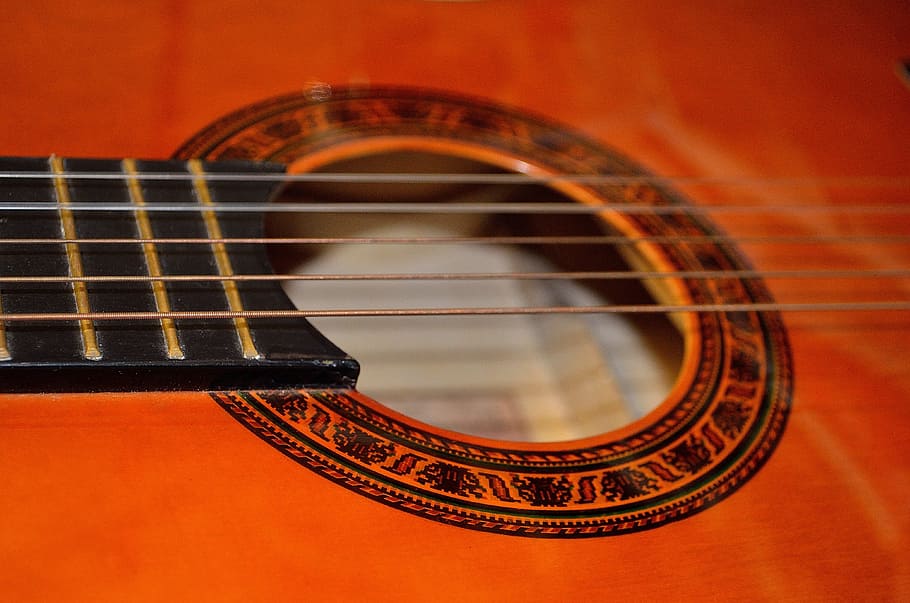 close-up photography of brown 5-string guitar, Strings, Music