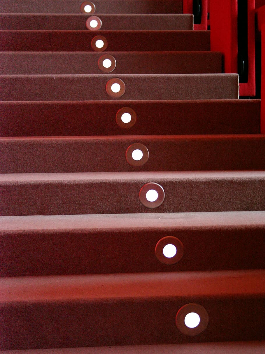 stairways, steps, red, light, led, lamps, staircase, in a row HD wallpaper
