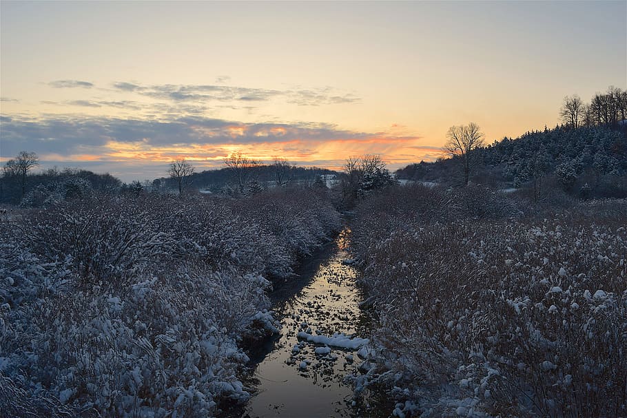 river in landscape photography, winter, stream, sunrise, nature HD wallpaper