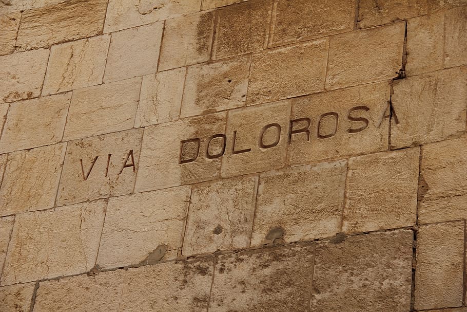 closeup photo of gray concrete wall with VIA Dolorosa carved, HD wallpaper