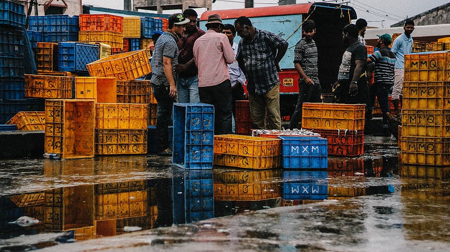 white and blue plastic beverages rack lot, group of man standing near plastic crates during daytime HD wallpaper