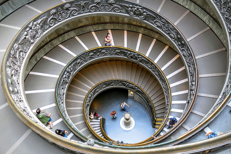 brown and gray spiral ladder, group of person walking on spiral stair, HD wallpaper