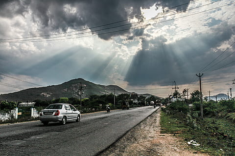 road, sun, rays, travel, landscape, sunset, nature, light, sky HD wallpaper