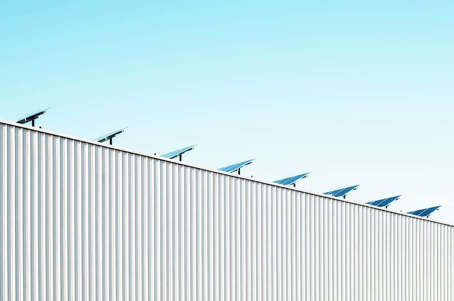 parabolic antenna on white roof, blue solar panel, white metal HD wallpaper