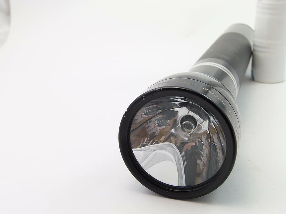 black flashlight, battery, white background, glass - material HD wallpaper