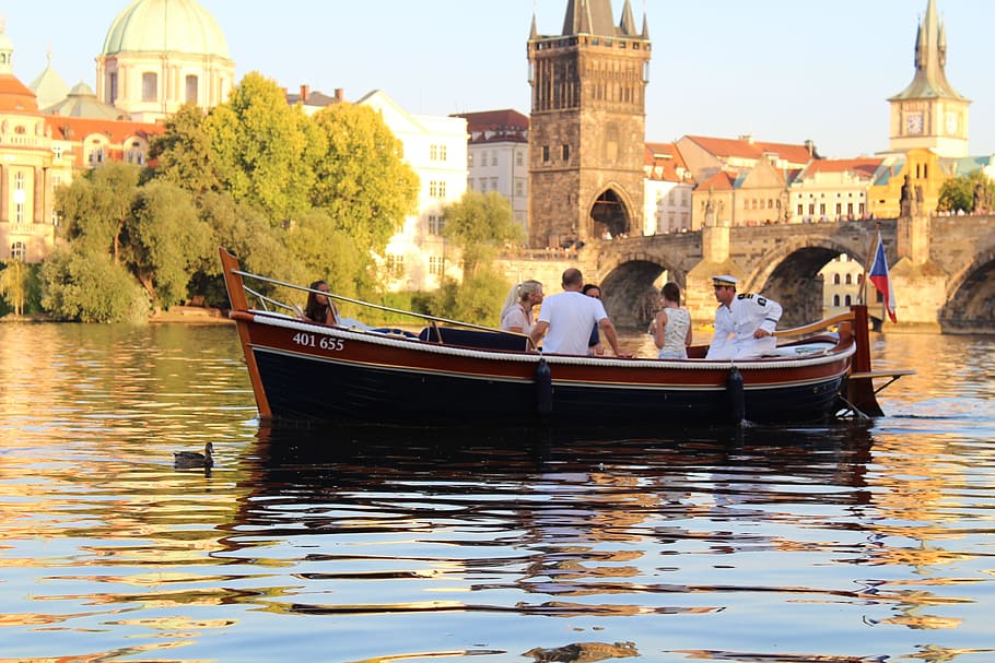 prague, river, rowboat, romance, charles bridge, water, nautical vessel HD wallpaper